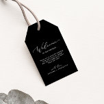 Delicate Dark Black Calligraphy Wedding Welcome Gift Tags<br><div class="desc">These delicate dark black calligraphy wedding welcome gift tags are perfect for a modern wedding. The romantic minimalist design features lovely and elegant white typography on a dark background with a clean and simple look. Personalize the tags with the location of your wedding, a short welcome note, your names, and...</div>