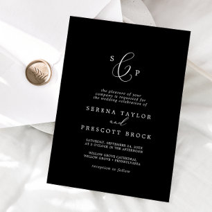 Delicate Dark Black Formal Monogram Wedding Invitation