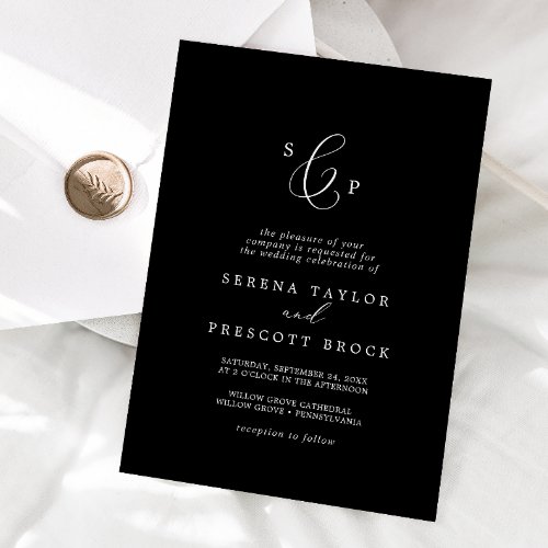 Delicate Dark Black Formal Monogram Wedding Invitation