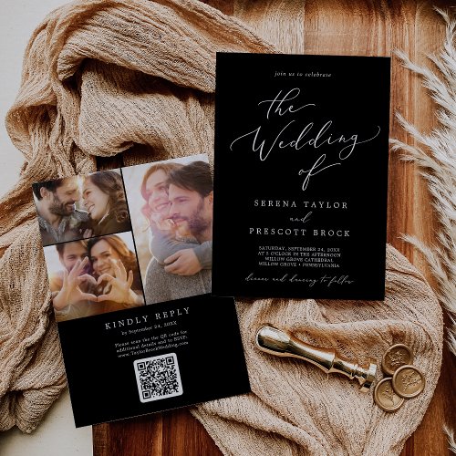 Delicate Dark Black Photo Collage QR Code Wedding Invitation