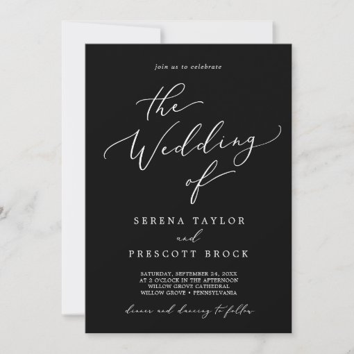 Delicate Dark Black QR Code Back Wedding Invitation | Zazzle