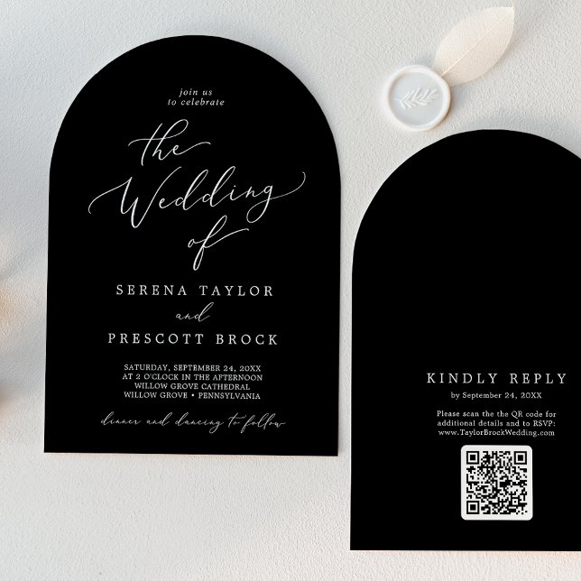 Delicate Dark Black QR Code Boho Arch Wedding Invitation (Delicate Dark Black QR Code Boho Arch Wedding Invitation)