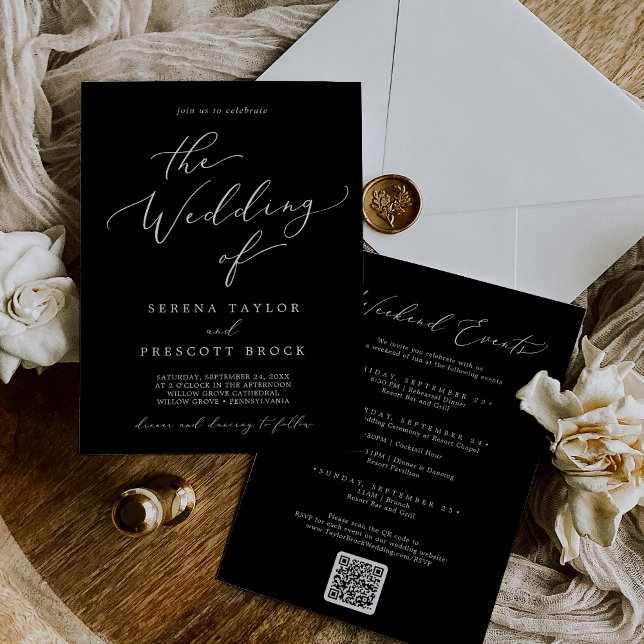Delicate Dark Black Weekend Events QR Code Wedding Invitation (Creator Uploaded)
