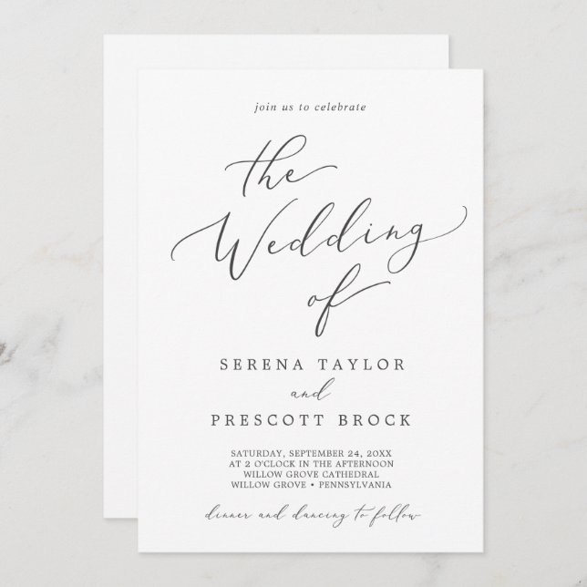 Delicate Dark Gray Calligraphy All In One Wedding Invitation (Front/Back)