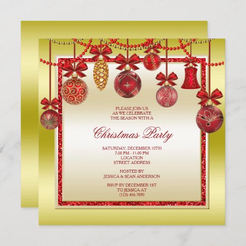 Delicate Decorations Red  Gold Christmas Party Invitation