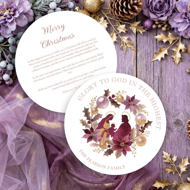 Delicate Deep Plum Glitter Holy Nativity Christmas Holiday Card (Delicate Deep Plum Glitter Shades Holy Family Nativity Exquisite Christmas Contemporary Cards.)