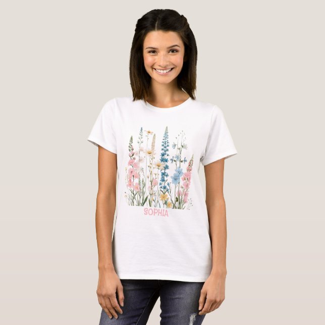 Delicate Delphiniums and Daisies Pattern T-Shirt (Front Full)