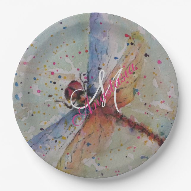 DELICATE DRAGON FLY MONOGRAM PARTY PAPER PLATES (Front)