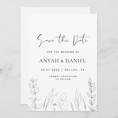 Delicate Drawn Floral Line Art Black White Nature  Save The Date