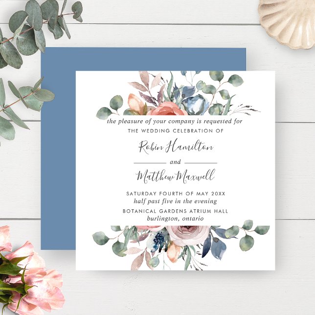 Delicate Dusty Blue and Peach Blush Floral Wedding Invitation (Creator Uploaded)