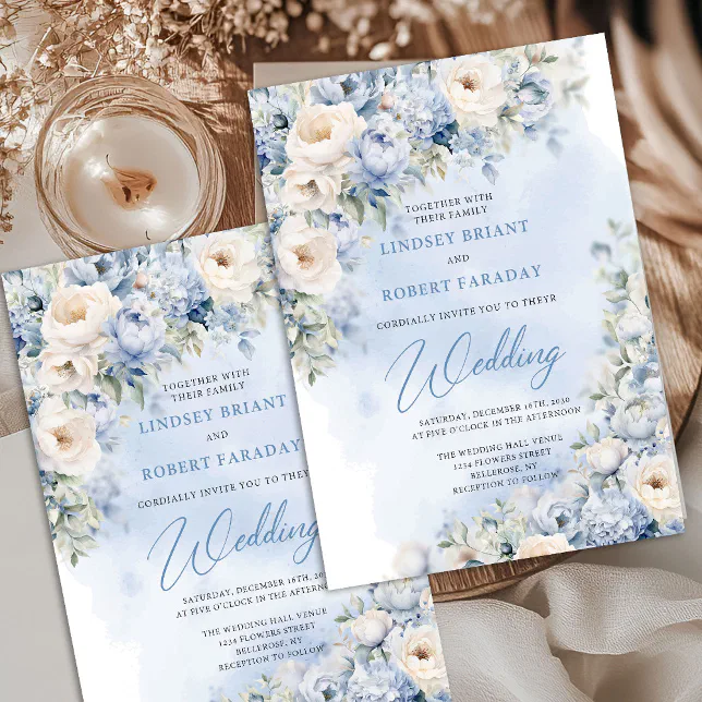 Delicate dusty blue and white flowers sage wedding invitation | Zazzle