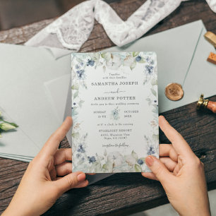 Delicate Dusty Blue Floral & Leaves Frame Wedding Invitation