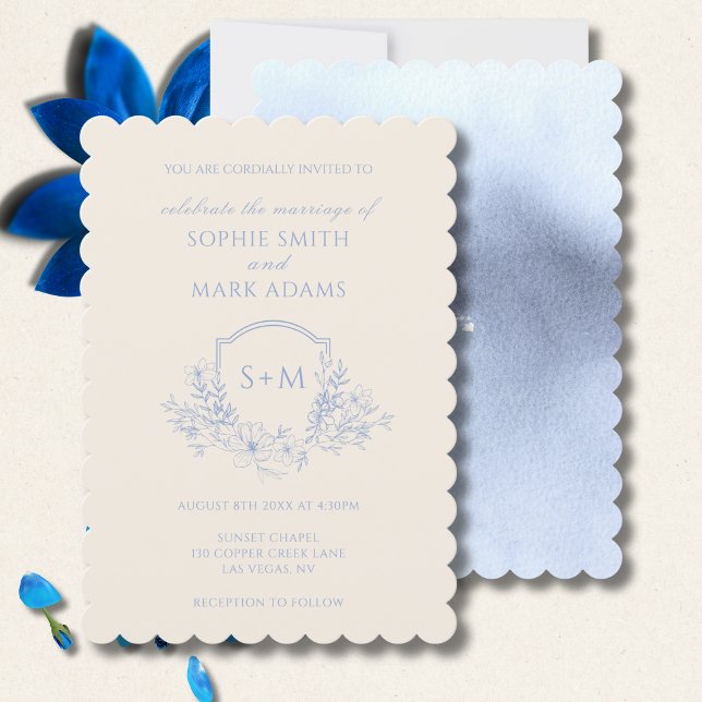 Delicate Dusty Blue Floral Monogram Crest Wedding Invitation (Creator Uploaded)