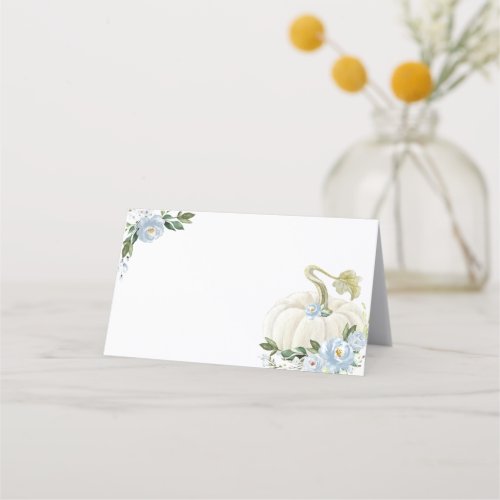 Delicate Dusty Blue Floral Pumpkin Boy Baby Shower Place Card