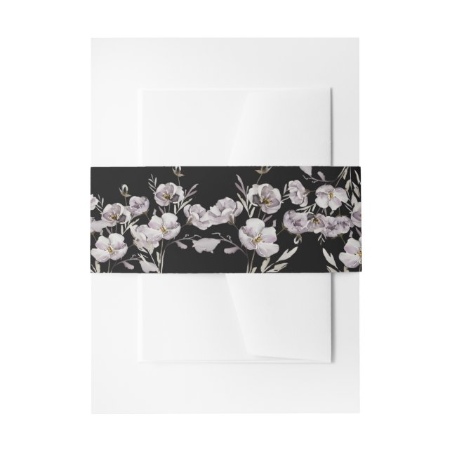 Delicate dusty purple flower watercolor, black invitation belly band (Front Example)