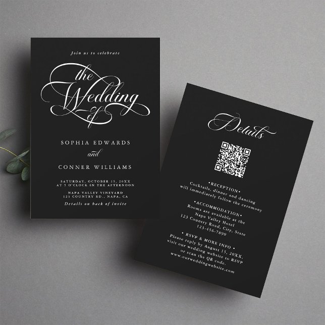 Delicate Elegant Script Wedding Black All in One Invitation (Front & Back)