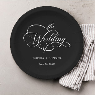 Delicate Elegant Script Wedding Black  Paper Plates