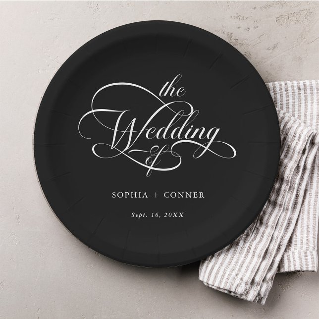 Delicate Elegant Script Wedding Black  Paper Plates (Creator Uploaded)
