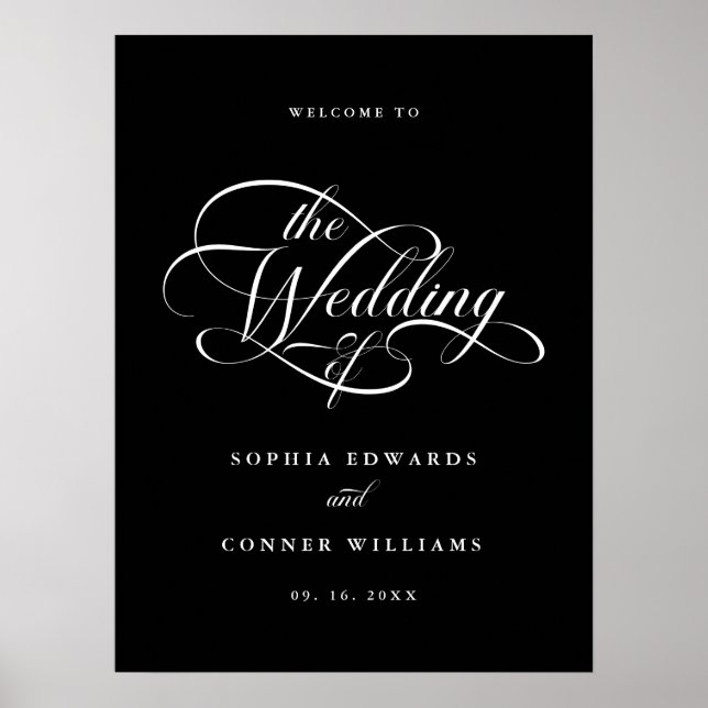 Delicate Elegant Script Wedding Black Welcome Sign (Front)