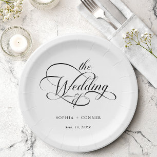Delicate Elegant Script Wedding Black & White Paper Plates