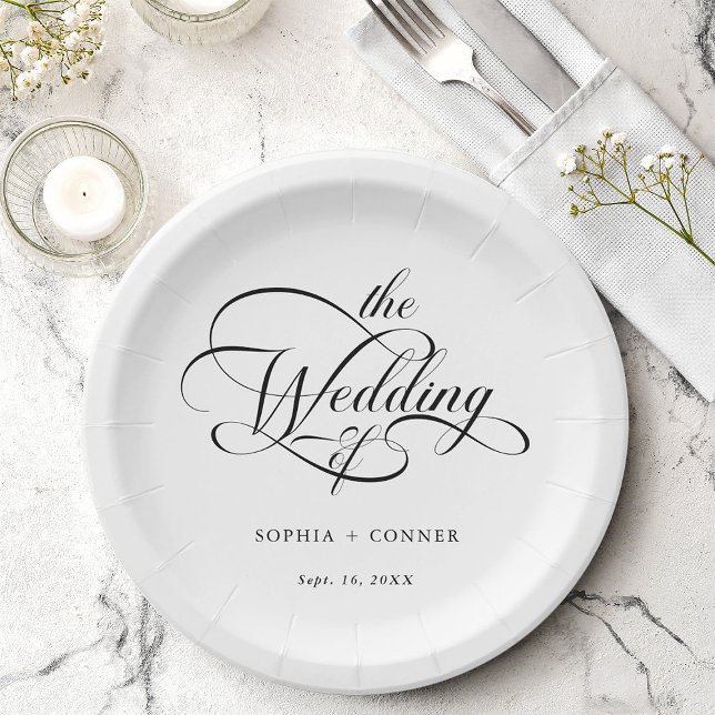 Delicate Elegant Script Wedding Black & White Paper Plates (Creator Uploaded)