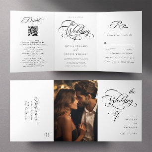Delicate Elegant Script Wedding Black & White Tri-Fold Invitation