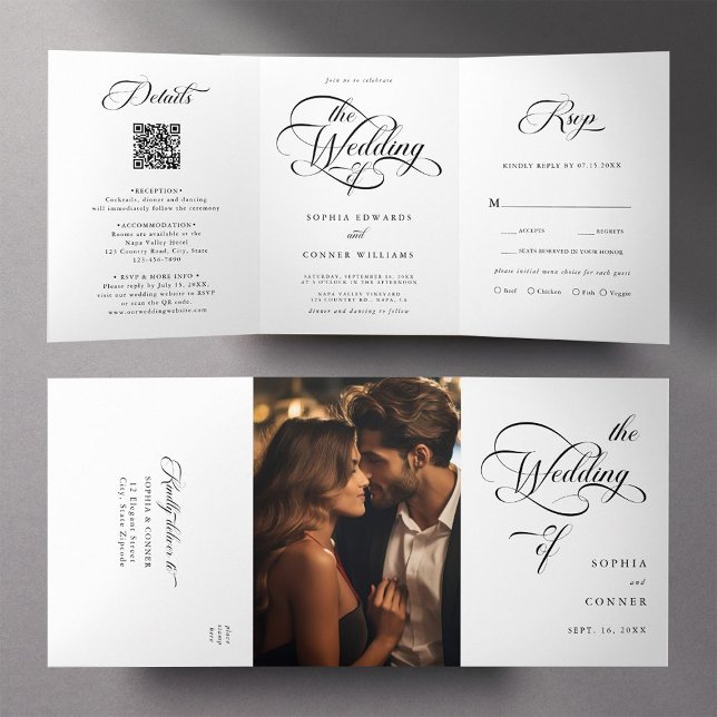 Delicate Elegant Script Wedding Black & White Tri-Fold Invitation (Inside & Outside)