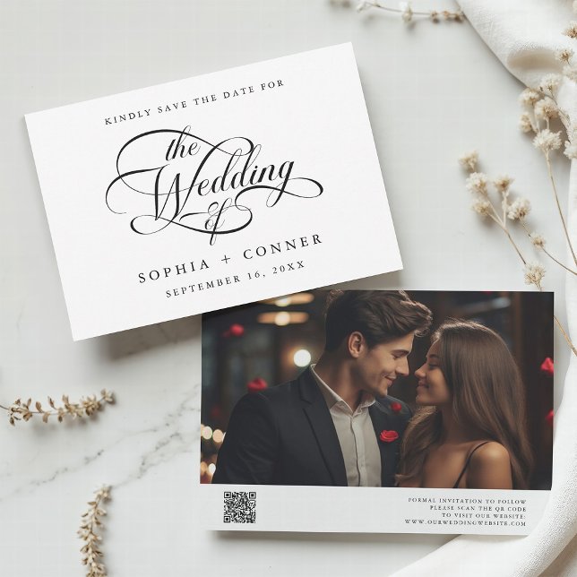 Delicate Elegant Script Wedding Photo QR Code  Save The Date (Front & Back)