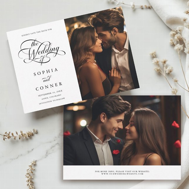 Delicate Elegant Script Wedding Photo Save The Date (Front & Back)