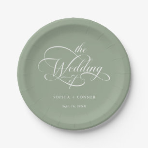 Delicate Elegant Script Wedding Sage Green Paper Plates