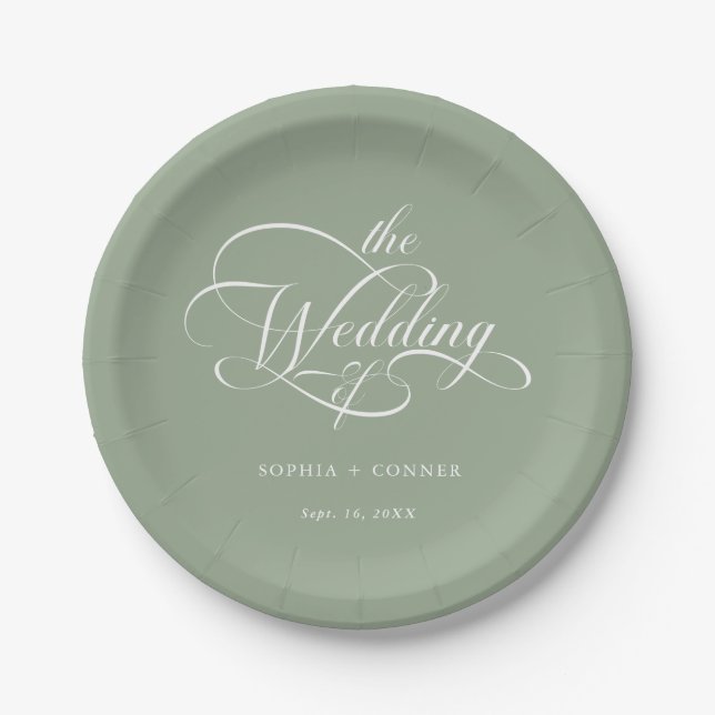 Delicate Elegant Script Wedding Sage Green Paper Plates (Front)