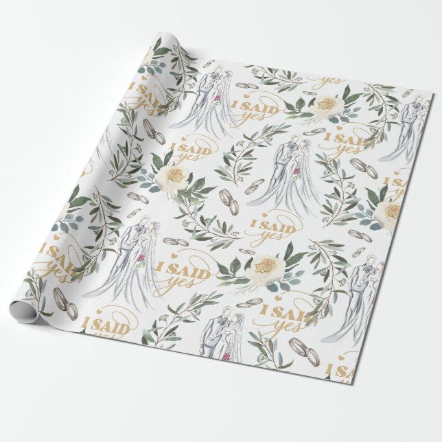 Delicate elegant watercolor floral Wedding  Wrapping Paper (Unrolled)