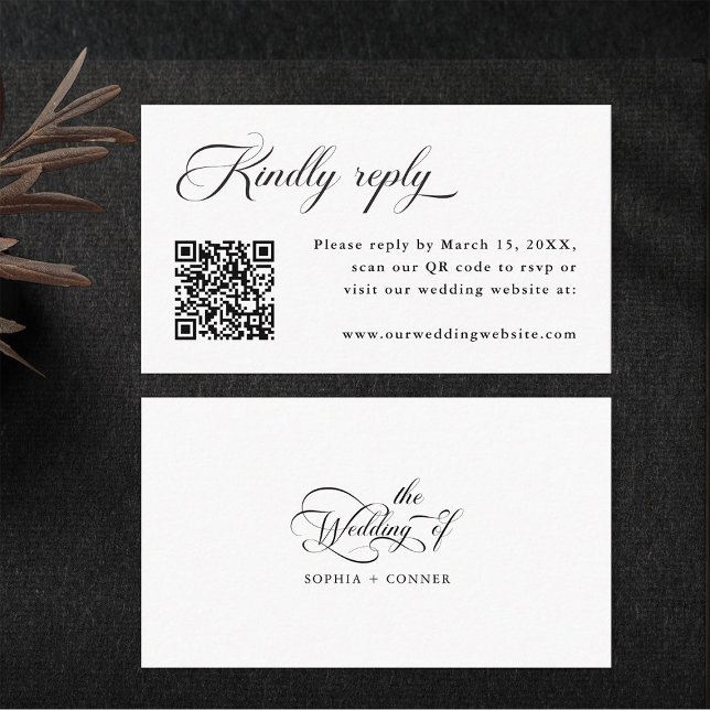 Delicate Elegant Wedding Black and White RSVP Enclosure Card (Front & Back)
