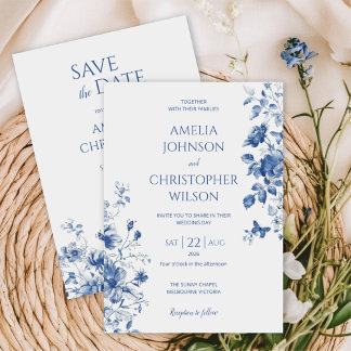 Delicate elegant wedding invitation in blue colors