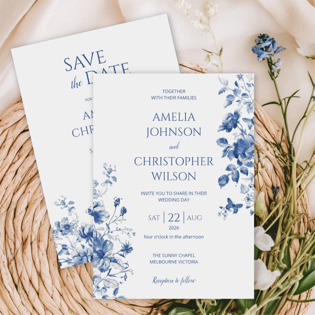 Delicate elegant wedding invitation in blue colors (Blue flower collection)