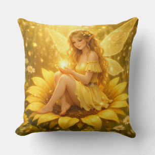 Delicate Elf on a Sunflower Throw Pillow
