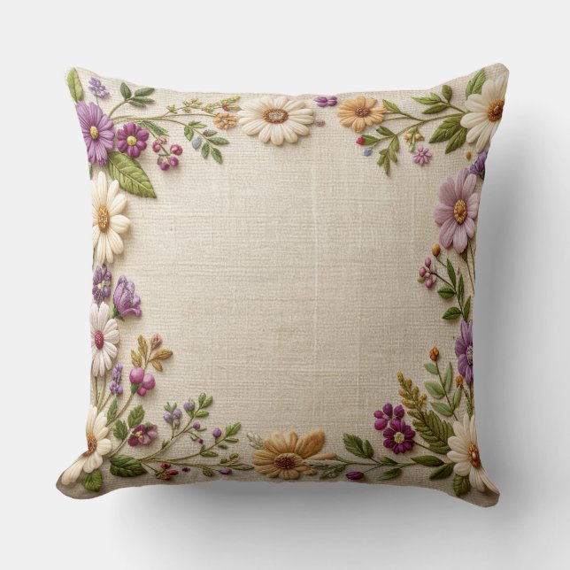 Delicate Embroidered Floral Border Pillow - Purple (Front)