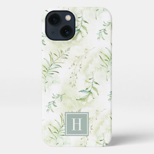 Delicate Ethereal Pastel Green Botanical Monogram iPhone 13 Case