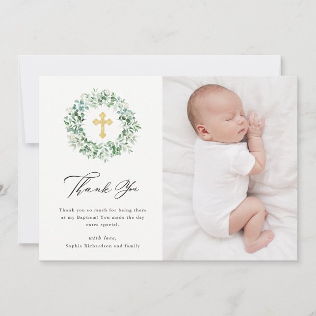 Delicate Eucalyptus | Elegant Watercolor Baptism Thank You Card (Front)