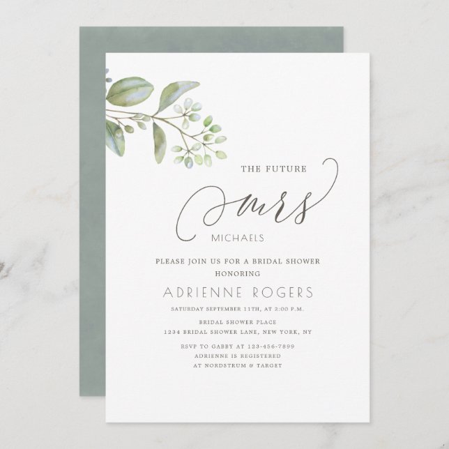 Delicate Eucalyptus Future Mrs White Bridal Shower Invitation (Front/Back)