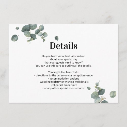 Delicate Eucalyptus Leaves Wedding Details Enclosure Card