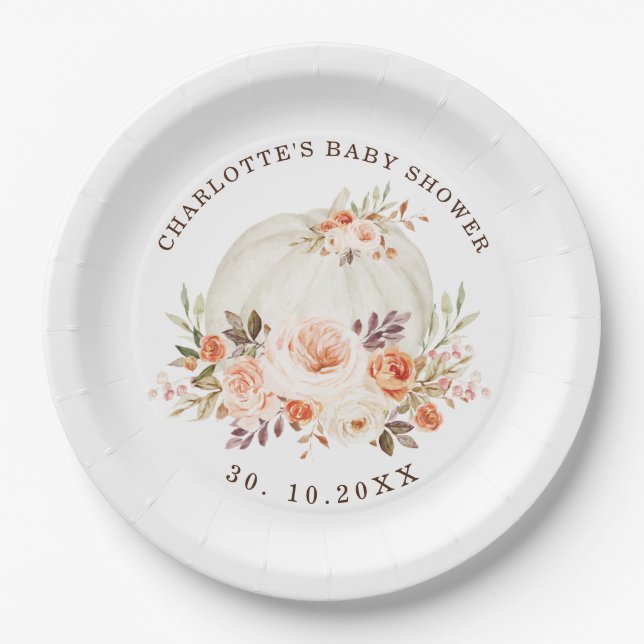 Delicate Fall Autumn Floral Pumpkin Baby Shower Paper Plates (Front)
