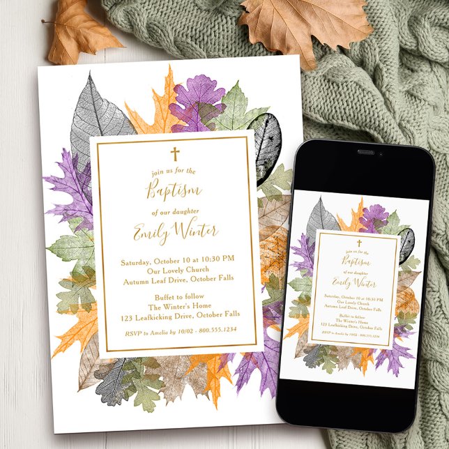 Delicate Fall Foliage Gold Script Neutral Baptism Invitation (Fall Baptism Invitation with delicate autumn leaves to order printed or as a printable download)