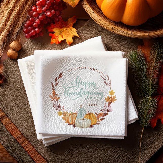 Delicate Fall Wreath Happy Thanksgiving Napkins (Creator Uploaded)