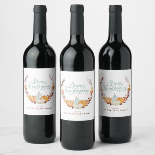 Delicate Fall Wreath Happy Thanksgiving Wine Label