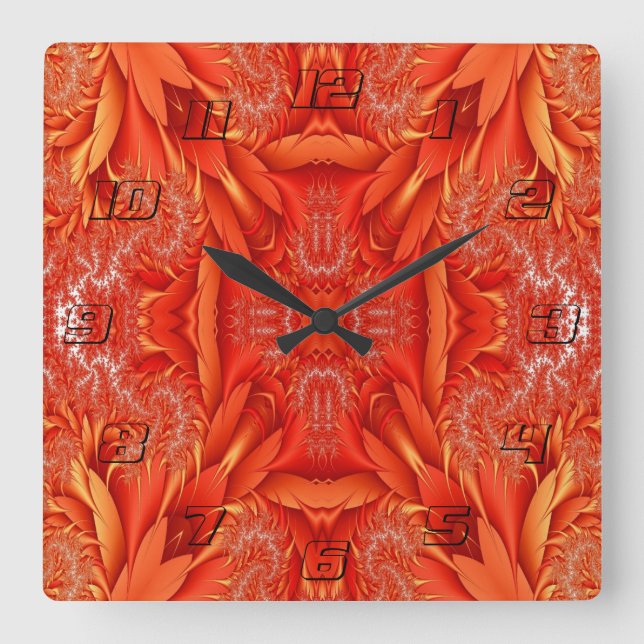 Delicate Feather Fractal Design - red Square Wall Clock (Front)