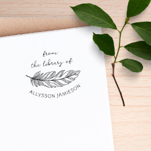 Delicate Feather Hand-written Custom Book Library Rubber Stamp