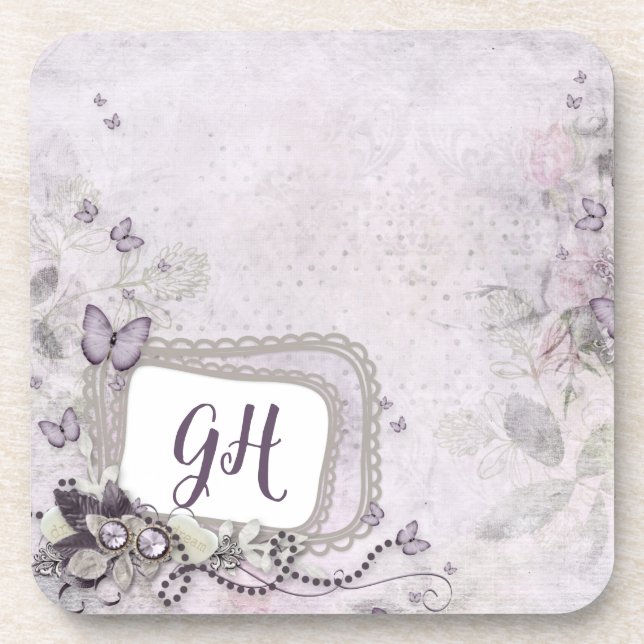 Delicate Feminine Purple Lilac Floral Monogrammed Beverage Coaster (Front)