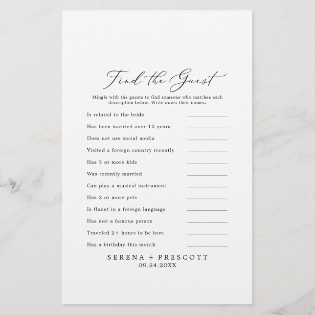 Delicate Find the Guest Wedding Reception Game Flyer (Front)