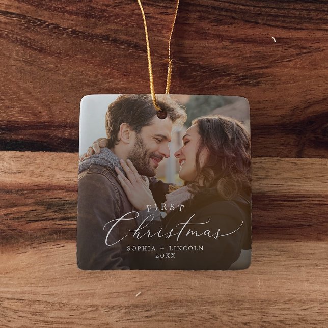 Delicate First Christmas Couple Dark Overlay Photo Ceramic Ornament (Creator Uploaded)